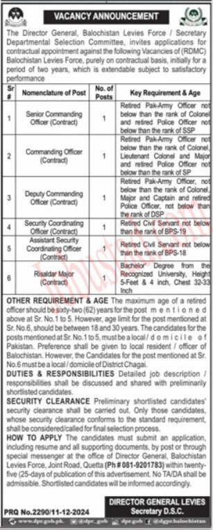 Levies Force New Govt Jobs In Balochistan December 2024  