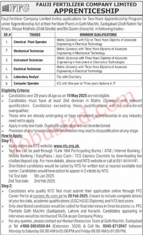 New Govt Jobs FFC Apprenticeship In Karachi December 2024 