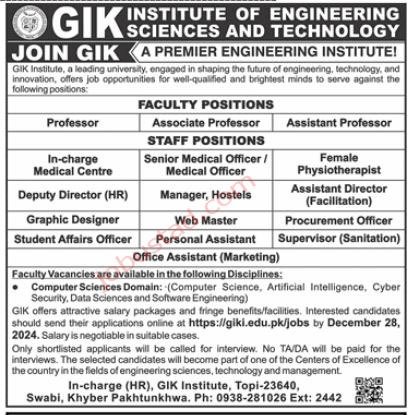 Latest Jobs GIK Institute of Engineering Sciences & Technology 2024