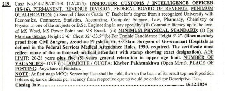 Inspector Customs New Govt Jobs In Pakistan December 2024