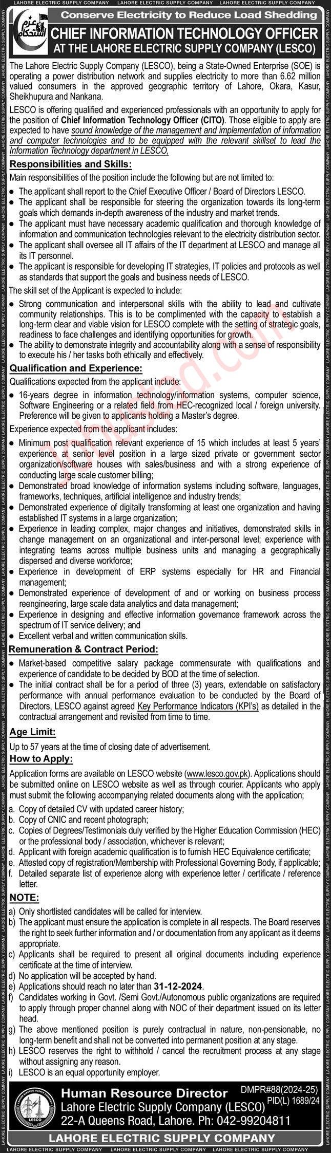 LESCO New Govt Jobs In Punjab December 2024 