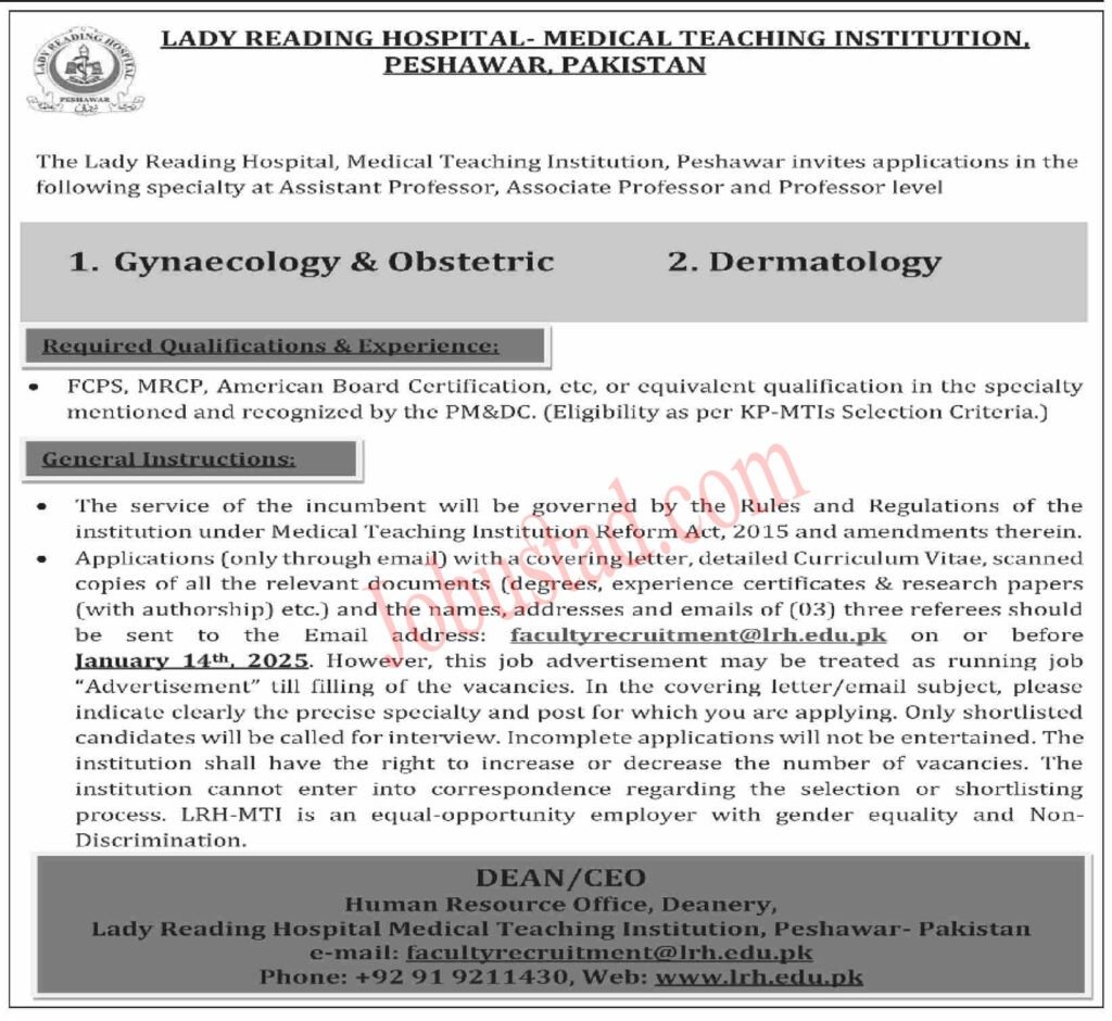 New Govt Jobs Lady Reading Hospital In Peshawar 2024