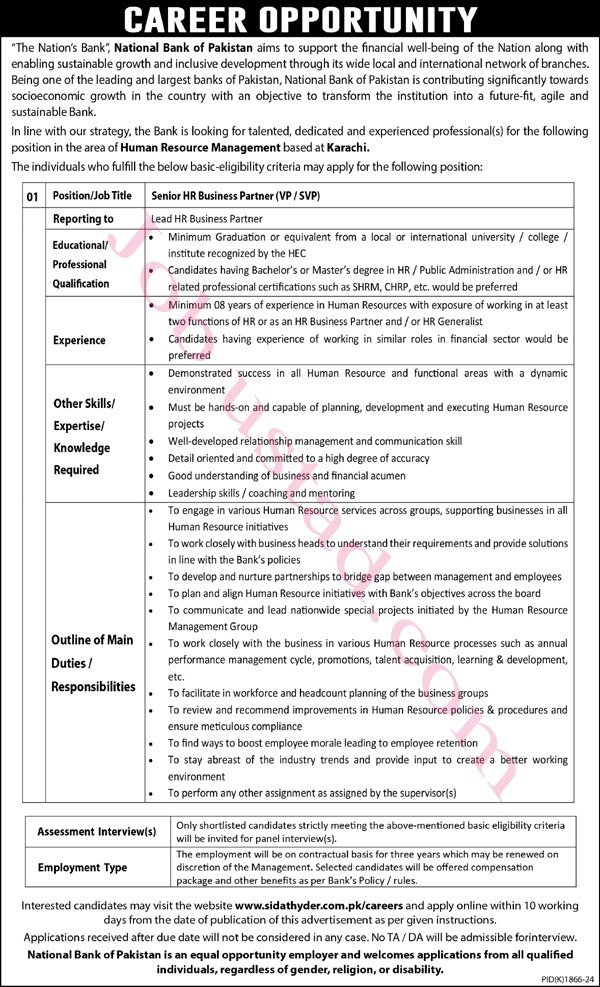 New Govt Jobs National Bank Of Pakistan In Karachi 2024