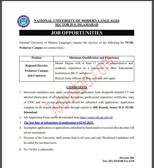 NUML New Govt Jobs In Peshawar December 2024