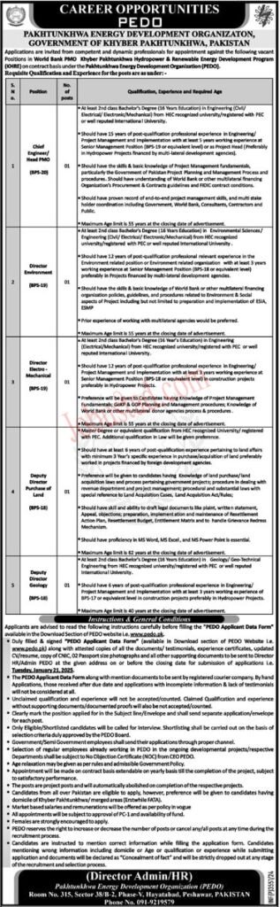 PEDO New Govt Jobs In Peshawar December 2024