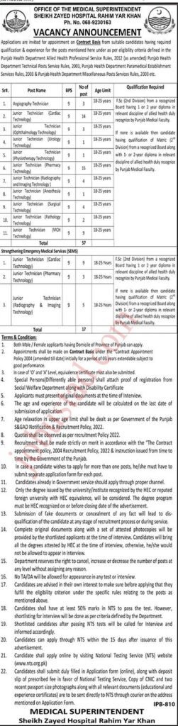 New Govt Jobs Sheikh Zayed Hospital In RY Khan December 2024