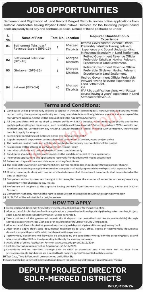 New Govt Jobs Tehsildar and Patwari In KPK December 2024