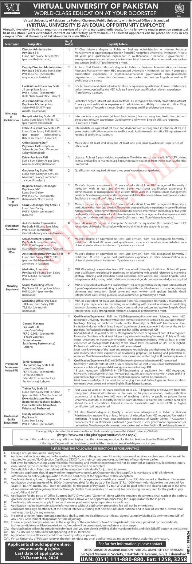 Virtual University New Govt  Jobs In Pakistan December 2024