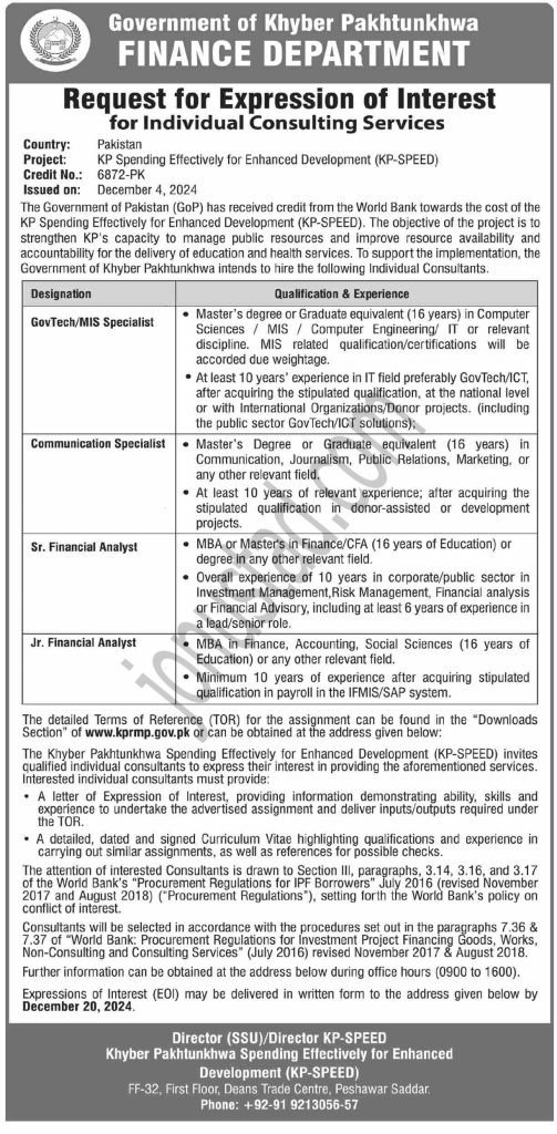 New Govt Jobs Finance Department In KPK Apply Online 2024 