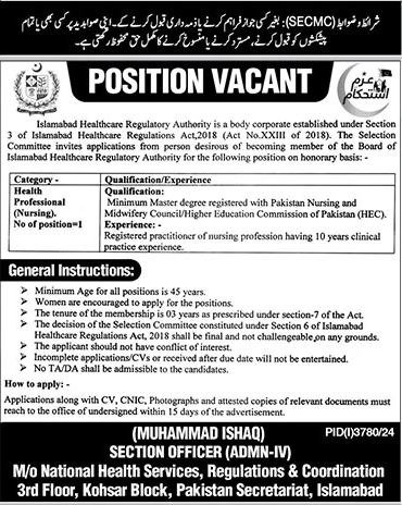 IHRA New Jobs Islamabad Healthcare Regulatory Authority 2024