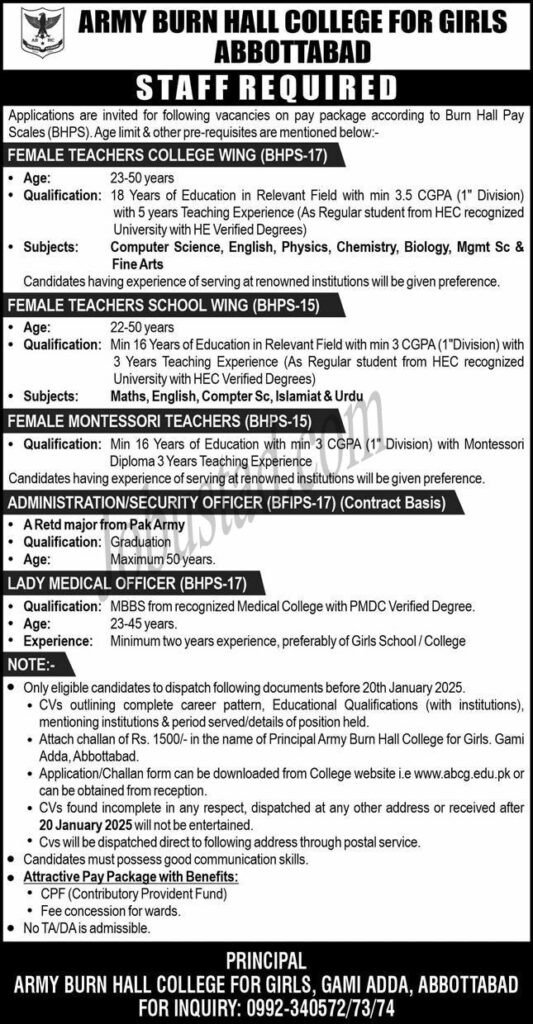 New Govt Jobs Army Burn Hall College In Abbottabad 2025 