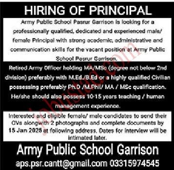 Latest Jobs Army Public School In Pasrur Garrison January 2025