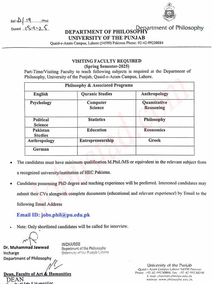 PU New Jobs Department of Philosophy In Punjab January 2025