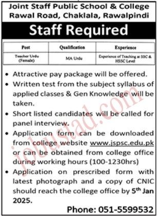 Latest Jobs Joint Staff Public School and College In Rawalpindi 2025