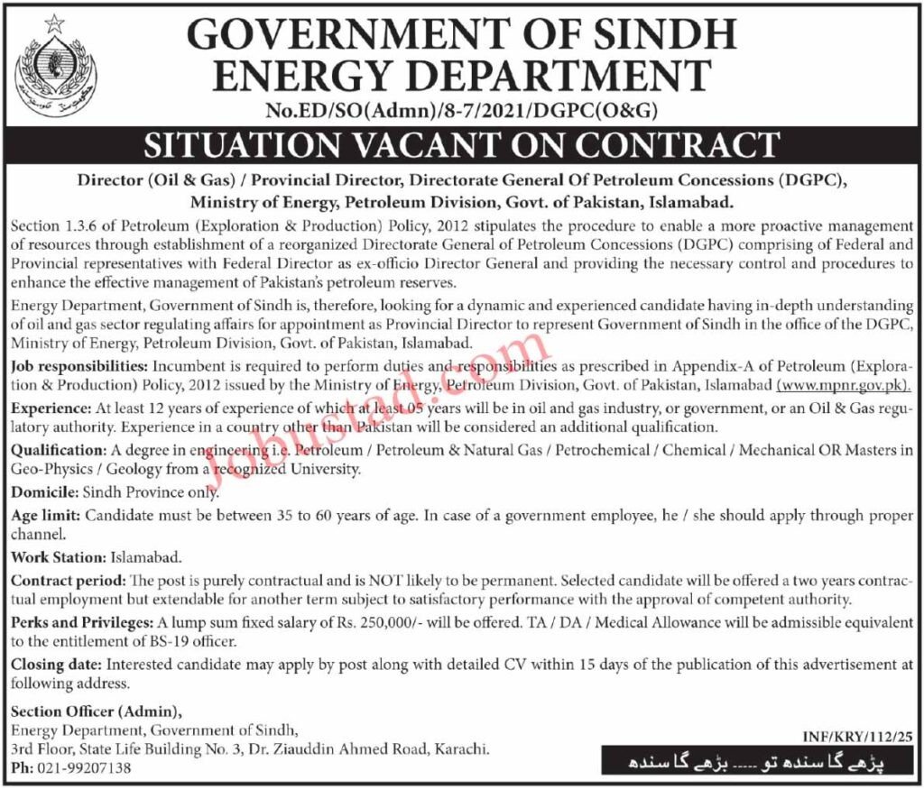 Energy Department New Govt Jobs In Sindh January 2025