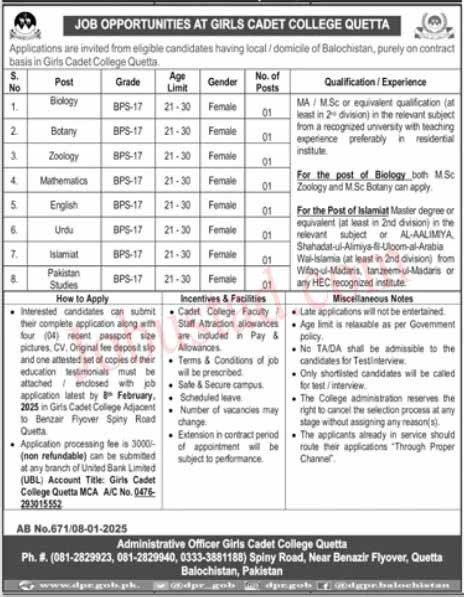 New Govt Jobs Girls Cadet College In Quetta January 2025