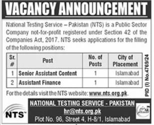 NTS New Govt Jobs In Islamabad Online Apply January 2025