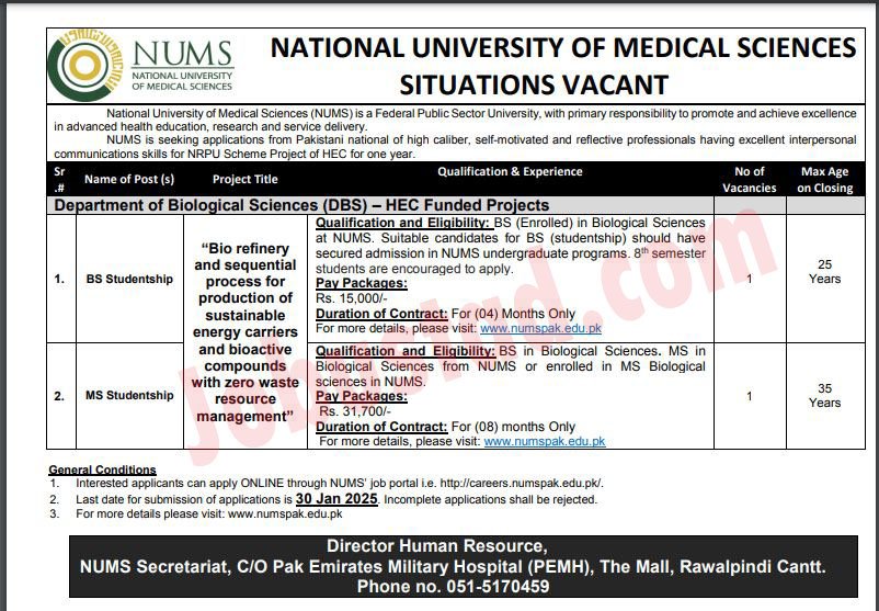 NUMS New Govt Jobs In Rawalpindi January 2025