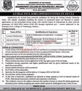 TEVTA New Govt Jobs In Punjab January 2025 