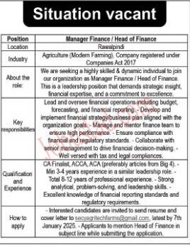 New Govt Jobs Manager Finance In Rawalpindi January 2025 