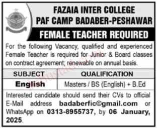 PAF Base New Jobs Fazaia Inter College In Peshewar January 2025