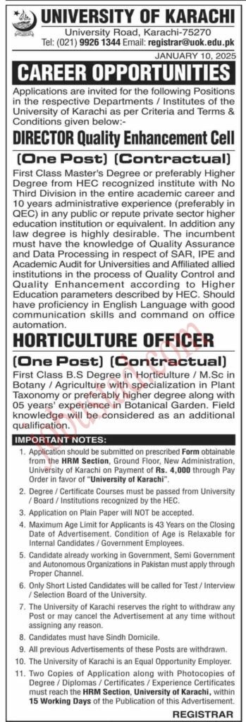 New Govt Jobs University of Karachi January 2025