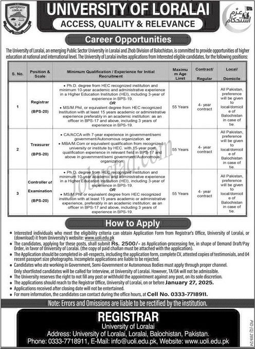 New Govt Jobs University of Loralai In Balochistan January 2025