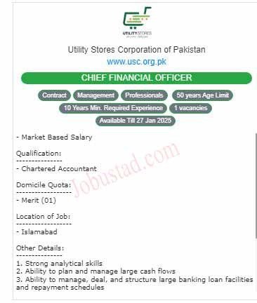 USC New Jobs Utility Stores Corporation of Pakistan January 2025