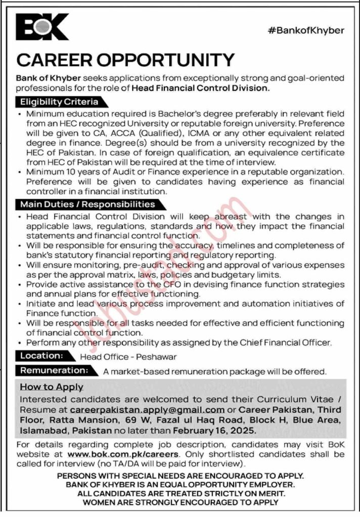 BOK New Govt Jobs In Peshawar Online Apply February 2025