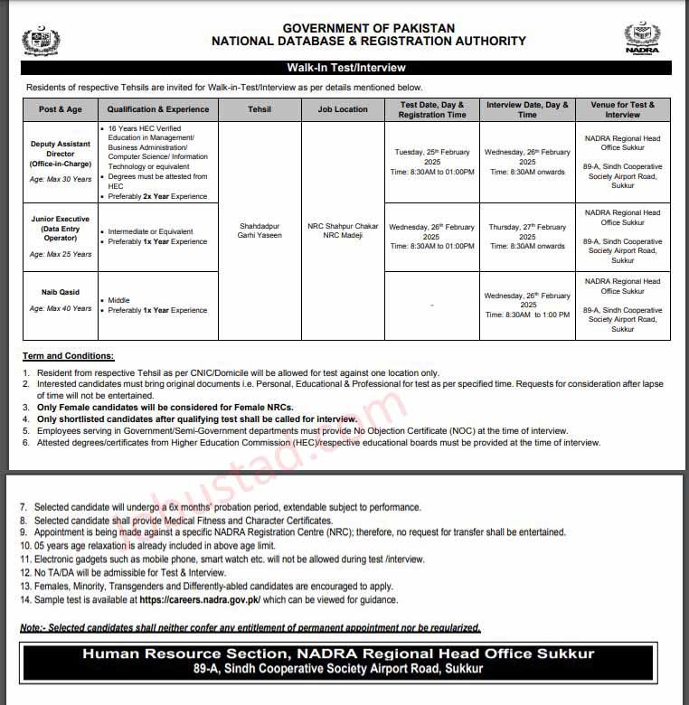 NADRA New Govt Jobs In Pakistan Online Apply February 2025