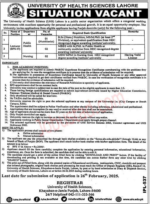 UHS New Govt Jobs In Lahore February 2025