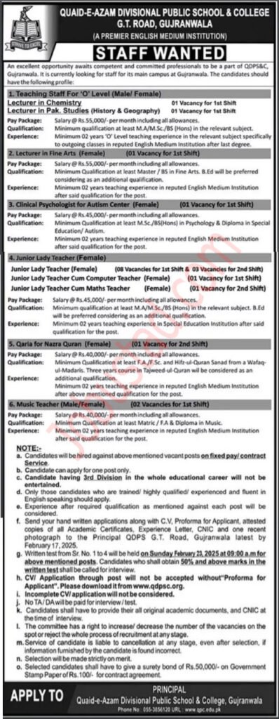 Latest Jobs Quaid e Azam Divisional Public School February 2025