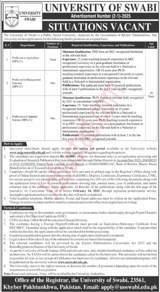 New Govt Jobs University of Swabi February 2025